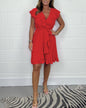 V-neck Waist-controlled Skirt Ruffled Solid Color Dress Women